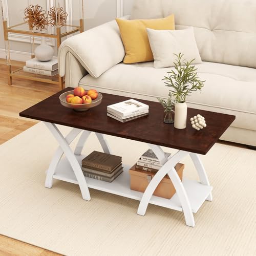 Giantex Farmhouse Coffee Table, 2-Tier Wood Center Table with Storage Shelf & X-Shaped Support Legs, 40 Inch Rectangular Living Room Table with Open Display Area for Small Space (Walnut&White) - color: Walnut & White