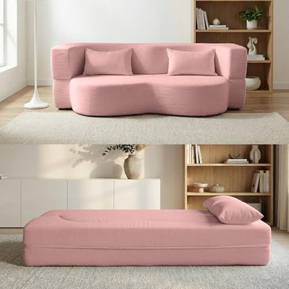 2-in-1 Folding Convertible Sofa Bed - 78 Inch Boneless Loveseat Sleeper, Foldable Floor Futon Couch with Pillow, Pull-Out Modular Matress for Small Spaces (Living Room/Bedroom/Dorm) (Pink) - color: Pink