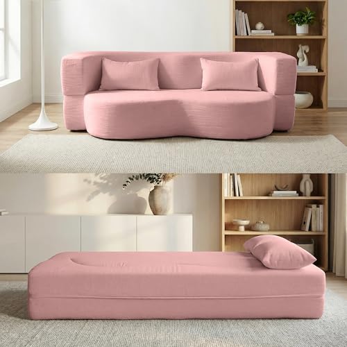 2-in-1 Folding Convertible Sofa Bed - 78 Inch Boneless Loveseat Sleeper, Foldable Floor Futon Couch with Pillow, Pull-Out Modular Matress for Small Spaces (Living Room/Bedroom/Dorm) (Pink) - color: Pink