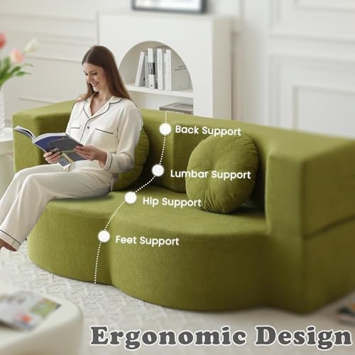 76" Convertible Folding Futon Sofa Bed, Queen Sleeper Sofa with Pillow, Teddy Floor & Futon Loveseat Couch, Foam Folding Mattress Sleeper for Living Room, Guest Use, Apartment, No Assembly (Green) - color: Green