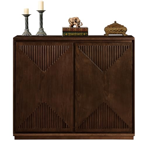 Narrow Sideboard Buffet Storage Cabinet with Solid Wood Doors | Mid Century Modern Accent Credenza Cabinet; Media Console Table for Kitchen; Living Room; Entryway; Slim Cabinets Dark Walnu - color: D- Dark Walnutt, size: 1 Piece