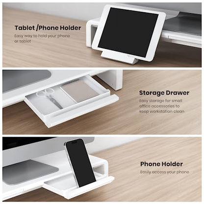 Monitor Stand Riser, Klearlook Foldable, Height Adjustable Computer Stand, Desk Shelf Riser with Storage Drawer &Tablet Phone Stand for Desktop, Laptop (White) - color: White