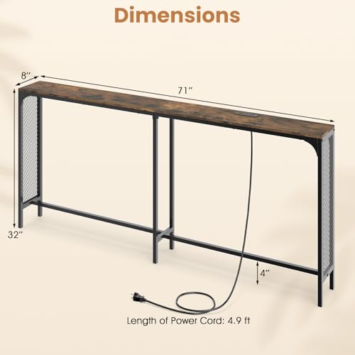 GIANTEX 71" Narrow Console Table with 2 Power Outlets and USB-C Ports | Sofa Table w/ Charging Station & Metal Frame, Skinny Behind Couch Tables, Long Entryway Tables for Living Room, Rustic Brown - color: Rustic Brown + Black