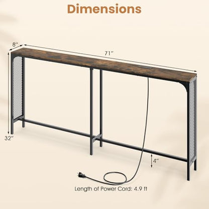 GIANTEX 71" Narrow Console Table with 2 Power Outlets and USB-C Ports | Sofa Table w/ Charging Station & Metal Frame, Skinny Behind Couch Tables, Long Entryway Tables for Living Room, Rustic Brown - color: Rustic Brown + Black