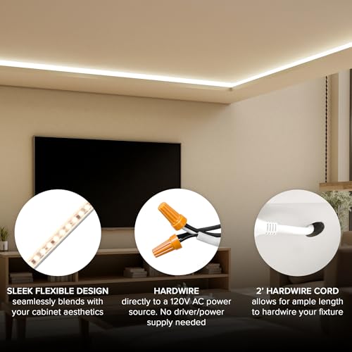 Maxxima 84 in. Hardwired LED Under Cabinet Strip Light, 3200 Lumens, 3000K | Warm White, Kitchen and Living Room 120V White Cove Lighting, No Power Supply Needed - size: 84 Inch