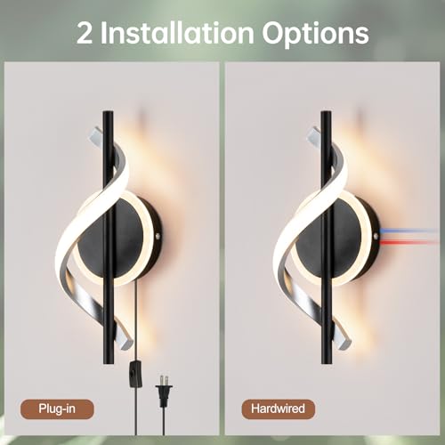 Black Plug in Wall Sconces Sets of 2, 12W Modern Spiral LED Wall Lamp, 3000K Warm White Wall Light Fixture for Stairs Living Room Bedroom Aisle Hallway - color: Black-Warm White