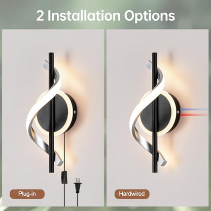 Black Plug in Wall Sconces Sets of 2, 12W Modern Spiral LED Wall Lamp, 3000K Warm White Wall Light Fixture for Stairs Living Room Bedroom Aisle Hallway - color: Black-Warm White