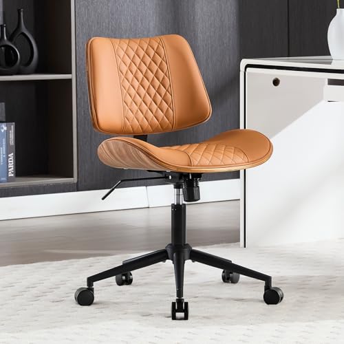 Home Office Chair No Arms with Wheels, Mid Back Walnut Style, Brown | Adjustable Height PU Leather Mid Back Support, 360 Swivel Computer Small Desk Seat, Armless Walnut Office Chair, 300LBS Cap - color: Brown, size: MCM Style