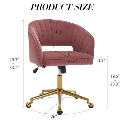 Vanity Chair Velvet Desk Chair with Gold Base for Living Room,Rose | Accent Armchair Upholstered Modern Tufted Chairs for Girls Women Ergonomic Study Seat Computer Task Stools for Bedroom - color: Rose