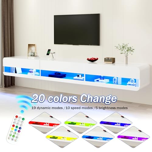 St.Mandyu Floating LED TV Stand for TVs Up to 100 inch, 94.5 inch Modern Entertainment Center with Led Lights & Power Outlet, Wall Mounted Hanging Media Console for Living Room, White - color: White