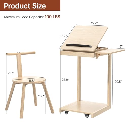 C Shaped End Table, Rolling Side Table with 4-Way Convertible Desktop, Wooden C Table with Multi-Functional Folding Tray, Side Table for Couch, Living Room, Bedroom, White Oak - color: Oak