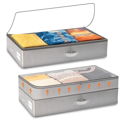 Pack of 2 Under Bed Storage with Adjustable Height | Under the Bed Storage Containers for Clothes, Blankets, & Shoes - 80L Zippered Organizer for Bedroom with Clear Window