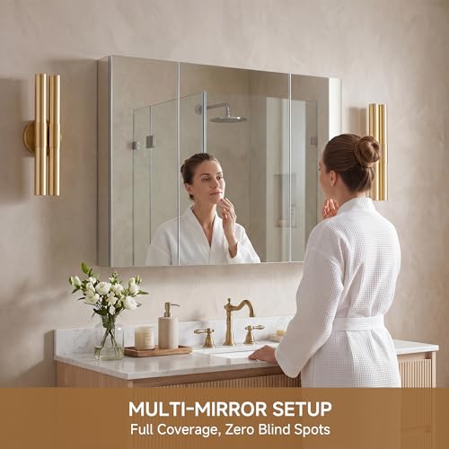 40" x 30" Bathroom Medicine Cabinet with Mirror, Recessed or Wall Mount | Medicine Cabinets with Adjustable Glass Shelves, Soft-Closed Hinge, Chrome Aluminum Frame, Reverse Installation - size: 40" x 30"