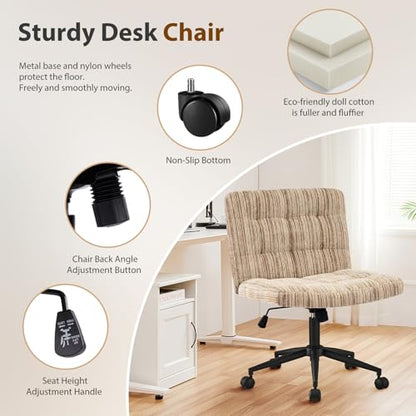 Furnimart 360° Swivel Criss Cross Desk Chair Extra-Thick Cushion, Premium Chenille Cross Legged Chair with Wide Seat & Wheels, Comfy Armless Home Office Chair for Bedroom, Vanity, Sturdy (Light Brown) - color: Chenille Light Brown