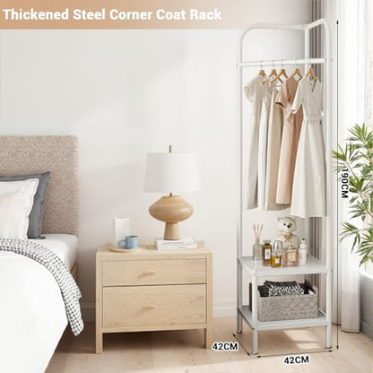 Corner Coat Racks, Heavy Duty Clothing Rack, Freestanding Garment Rack, Metal Clothes Racks Shoes Shelf Organizer for Entryway Bedroom, White