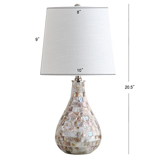 JONATHAN Y Mona Coastal Mini LED Table Lamp 20.5" Bedside, Seashell | White Linen Drum Shade, Mother Of Pearl Resin Body, On-Off Rotary Switch, LED Bulb Included - color: Seashell