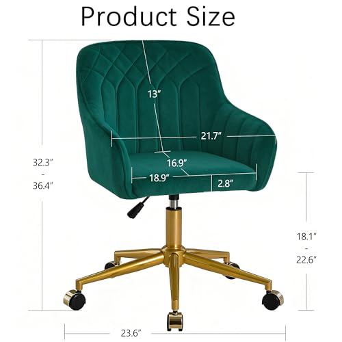 VECELO Modern Velvet Swivel Home Office Desk Chair with Back & Rolling Wheels, Adjustable Seat Height for Girls Women Bed Room Vanity Makeup/Task/Computer Work, Green - color: Green