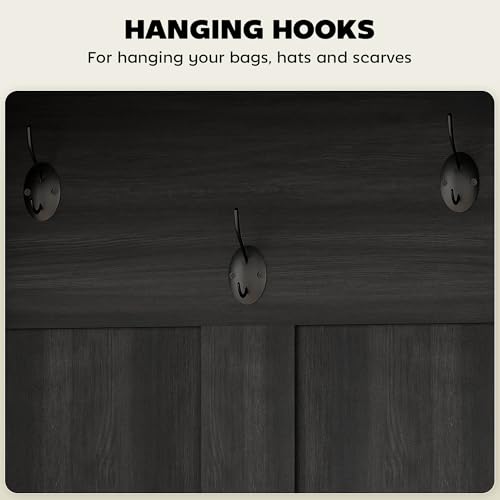 HOMCOM 3-in-1 Hall Tree with Shoe Storage, Shoe Bench, Black Wood Grain | Standing Coat Rack, Entryway Furniture, Three Hooks - color: Black Wood Grain