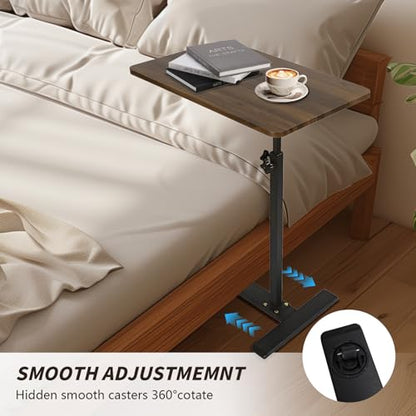 C-Shape Rolling TV Tray, Adj Ht 360° Swivel, 40×60cm Walnut | Height adjustable & 360° swivel, rolling wheels, walnut finish, fits living/bed/office corners. - color: Walnut
