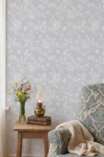 Simon&Siff Grey and White Vintage Floral Birds Peel and Stick Wallpaper | 120" x 17.3" Removable Self Adhesive Waterproof Contact Paper, Renter Friendly Wall Paper for Cabinets, Furniture, DIY Decor - color: Grey and White, size: 17.3" x 120"
