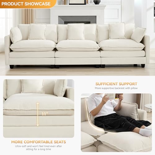 111'' Sectional Cloud Deep Seat Couch, Modern Comfy Chenille Modular Sectional Sofa for Living Room Set, Upholstered Modular 3-Seats Sofa Couch, Beige - color: Beige, size: 111'' 3 Seats