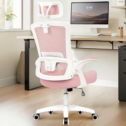 NEO CHAIR Office Desk Chair with Ergonomic High Back Mesh Headrest, Pink | Adjustable Headrest and Lumbar Support with Flip-Up Armrests Designed for Extended Sitting Comfort While Saving Space - color: Pink