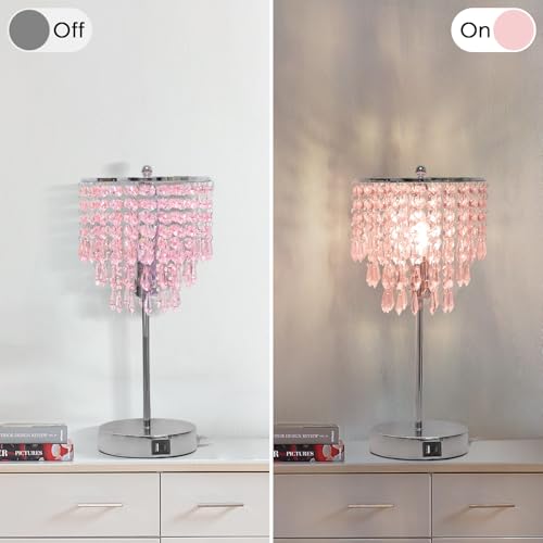Touch Bedside Lamp with USB C+A Ports, Silver with Pink Crystal Shade | 3-Way Dimmable Crystal Table Lamp, Nightstand Light for Girl Room, Desk Lamp for Bedroom Living Room, B11 LED Bulb Included - color: Pink