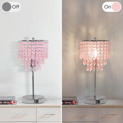 Touch Bedside Lamp with USB C+A Ports, Silver with Pink Crystal Shade | 3-Way Dimmable Crystal Table Lamp, Nightstand Light for Girl Room, Desk Lamp for Bedroom Living Room, B11 LED Bulb Included - color: Pink