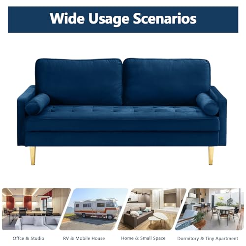 65" Love Seat Sofa, Velvet Small Sofa Small Couch for Bedroom Living Room, Bedroom, Loveseat with 2 Pillows, Gold Legs, Modern Tufted Seat Upholstered Seating for Office, Apartment (Blue) - color: Blue