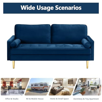 65" Love Seat Sofa, Velvet Small Sofa Small Couch for Bedroom Living Room, Bedroom, Loveseat with 2 Pillows, Gold Legs, Modern Tufted Seat Upholstered Seating for Office, Apartment (Blue) - color: Blue