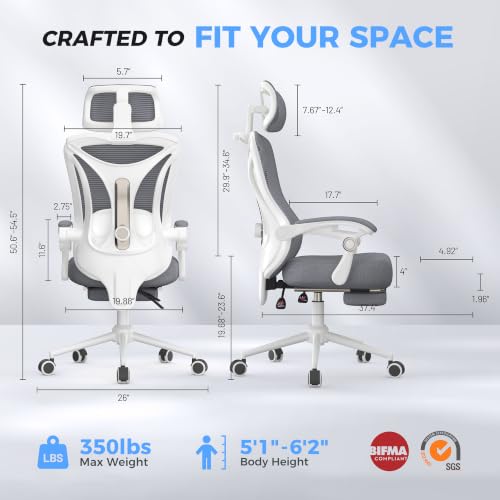 CYKOV Ergonomic Office Chair, Reclining, Footrest, Adjustable Lumbar, 350LB | 4-Way Headrest (4.72" + 60°), 2-Way Lumbar (2" + 1.18"), 90-135° Recline, Breathable Mesh, Gaming & Office, 5-Year Warranty - color: W-dgrey