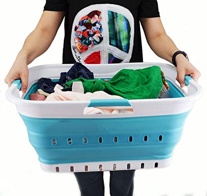 SAMMART 42L Collapsible Plastic Laundry Basket - Foldable Pop Up Storage Container/Organizer - Space Saving Hamper/Basket (1, White/Bright Blue) - color: White/Bright Blue