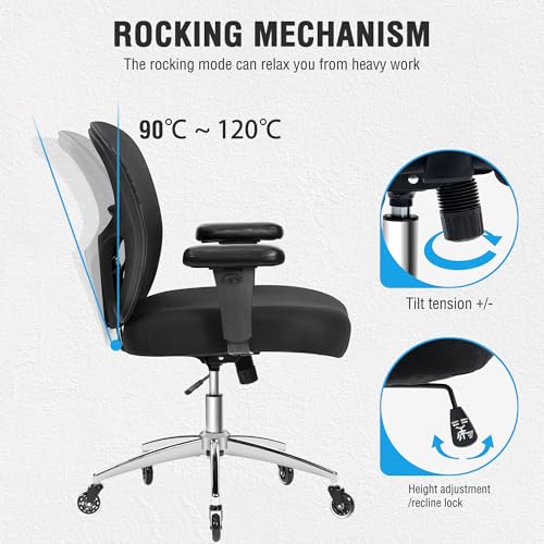 Big and Tall Office Desk Chair with Lumbar Support, 600lbs Heavy Duty Mesh Ergonomic Computer Chair with Armrest and Wide Comfy Seat, Swivel Wheels for Adult, Black - size: 605LBS