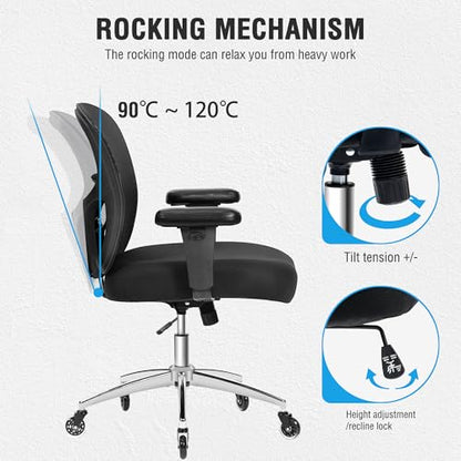 Big and Tall Office Desk Chair with Lumbar Support, 600lbs Heavy Duty Mesh Ergonomic Computer Chair with Armrest and Wide Comfy Seat, Swivel Wheels for Adult, Black - size: 605LBS