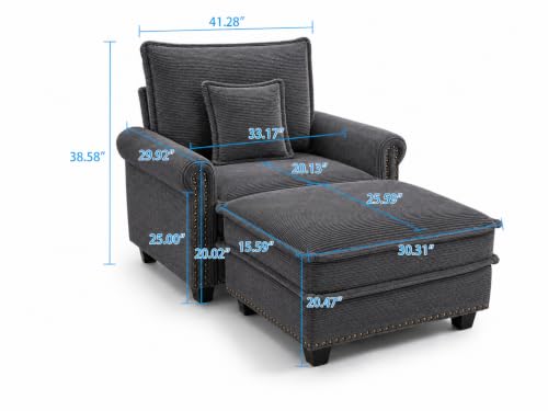 42-inch Nailhead Trim Sofa with Ottoman, Modern Corduroy Small Couch with Rolled Arms, Single Sofa Chaise Lounge for Living Room, Bedroom, Farmhouse Decor (Grey) - color: Grey