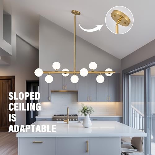 Mid Century Modern Globe Sputnik Chandelier, 9-Light Linear Chandeliers for Dining Room and Kitchen Island, Dining Light Fixture Over Table, Brass Gold and Milk White Glass Bubble, 40 Inch - color: Gold Milk White, size: 9-Light 40 Inch