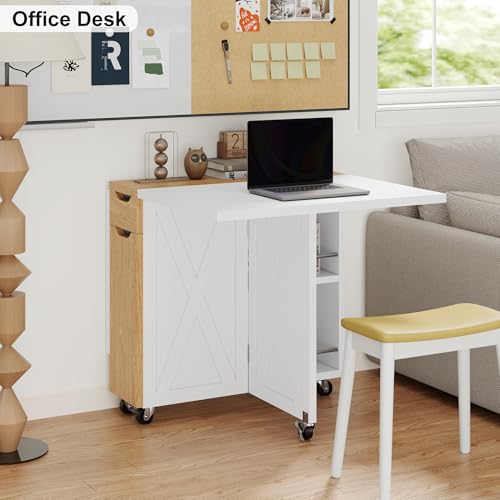 Folding Dining Table for 2-6, Easy Assembly, White+Oak | 52.7" Folding Dining Table with 6 Wheels, Drop Leaf Table with Drawers, Shelves and Wine Rack for Small Spaces - color: White