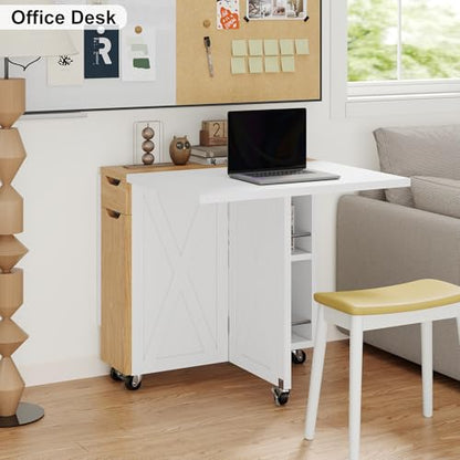 Folding Dining Table for 2-6, Easy Assembly, White+Oak | 52.7" Folding Dining Table with 6 Wheels, Drop Leaf Table with Drawers, Shelves and Wine Rack for Small Spaces - color: White