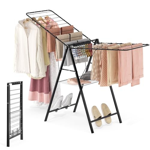 6 Height Adjustable Clothes Drying Rack with Shoe Slots, Black | Pre-Assembled, Stable Load Structure, 22 Drying Rails, Foldable Space-Saving For Efficient Indoor & Outdoor Airflow Drying - color: Black