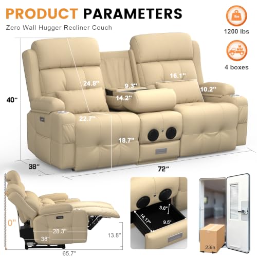 Home Theater Seating, Power Loveseat Recliner Sofa with Massage & Heat | Wall Hugger Reclining Loveseat with USB, RV Couch with LED Lights, Flip Backrest, Cup Holders for Movie Theater, Gaming Room - color: Pebbled Beige White, size: 72" - 2 Seats