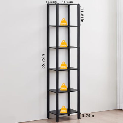 YUFAM 6-Tier Tall Narrow Bookcase, Small Bookshelf for Small Space, Black - color: Black, size: 6-Tier