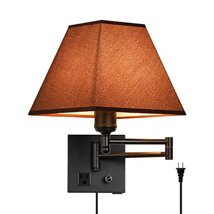 Swing Arm Wall Lamp.Plug in Wall Sconces with USB Port and AC Outlet.Sconces Wall Lighting Coffee Fabric Shade with Dimmable Switch for Hallway Bedroom Living Room.Black Finish. - color: Black