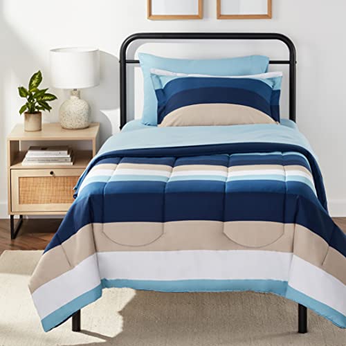 Amazon Basics 5-Piece Lightweight Microfiber Comforter Bedding Set with Sheet, Twin XL, Blue Stripe, Bed-in-a-Bag - color: Blue Stripe, size: Twin/Twin XL, style: 1-Pack