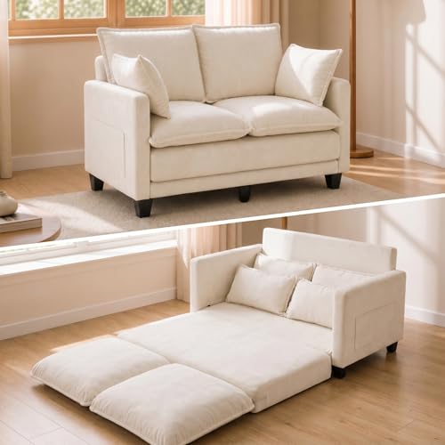 KYJ 49" Loveseat Sofa Bed, Convertible Pull Out Couch with Foldable Mattress, Small Love Seat for Bedroom, Dorm, RV & Apartment, Chenille Fabric, Not Twin Size, Beige - color: Beige