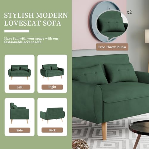 Vongrasig 47" Small Modern Loveseat Sofa, Mid Century Linen Fabric 2-Seat Sofa Couch Tufted Love Seat with Back Cushions and Tapered Legs for Living Room, Bedroom and Small Space (Green) - color: Green