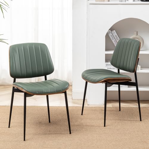 LUNLING Dining Chairs Set of 4 Mid Century Modern Retro Faux Leather Chair with Walnut Bentwood Upholstered Seat Metal Legs Chairs,Adjustable Foot for Kitchen Dining Room Chairs(Green) - color: Green, size: Set of 4