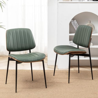 LUNLING Dining Chairs Set of 4 Mid Century Modern Retro Faux Leather Chair with Walnut Bentwood Upholstered Seat Metal Legs Chairs,Adjustable Foot for Kitchen Dining Room Chairs(Green) - color: Green, size: Set of 4