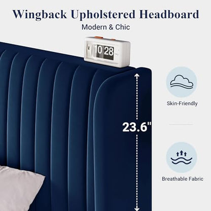 Allewie Queen Size Velvet Bed Frame/Vertical Channel Tufted Wingback Headboard/Upholstered Platform Bed/Strong Wooden Slats/No Box Spring Needed/Easy Assembly/Dark Blue - color: Blue, size: Queen