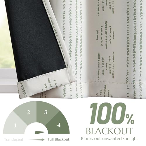 jinchan Boho Blackout Kitchen Tier Curtains, 24 Inch, Green on Beige | Green geometric print on warm beige, soft blackout backing, 2 panels, rod pocket, for kitchens, bedrooms, RVs and campers - color: Blackout Backing | Green on Beige, size: 25"W x 24"L
