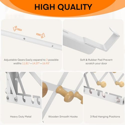 FYY Over the Door Drying Rack, Foldable with 7 Hooks for Laundry Bathroom | Heavy Duty Metal, Adjustable Width, Hanging Towels Clothes, Space-Saving for Dorm Bedroom, Fits Doors up to 1.65"